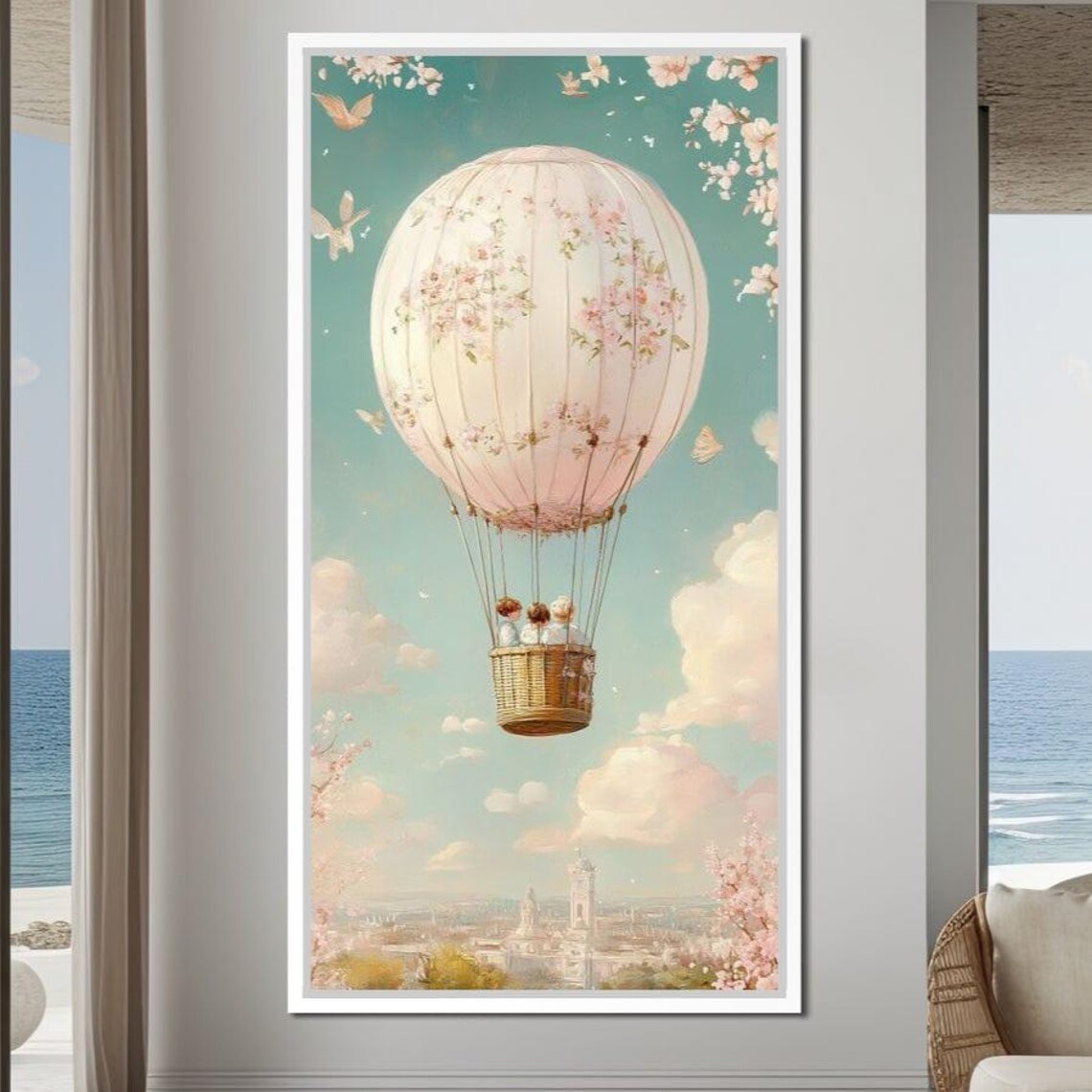 Dreamy Pastel Hot Air Balloon Floral Sky Nursery Kids Wall Art