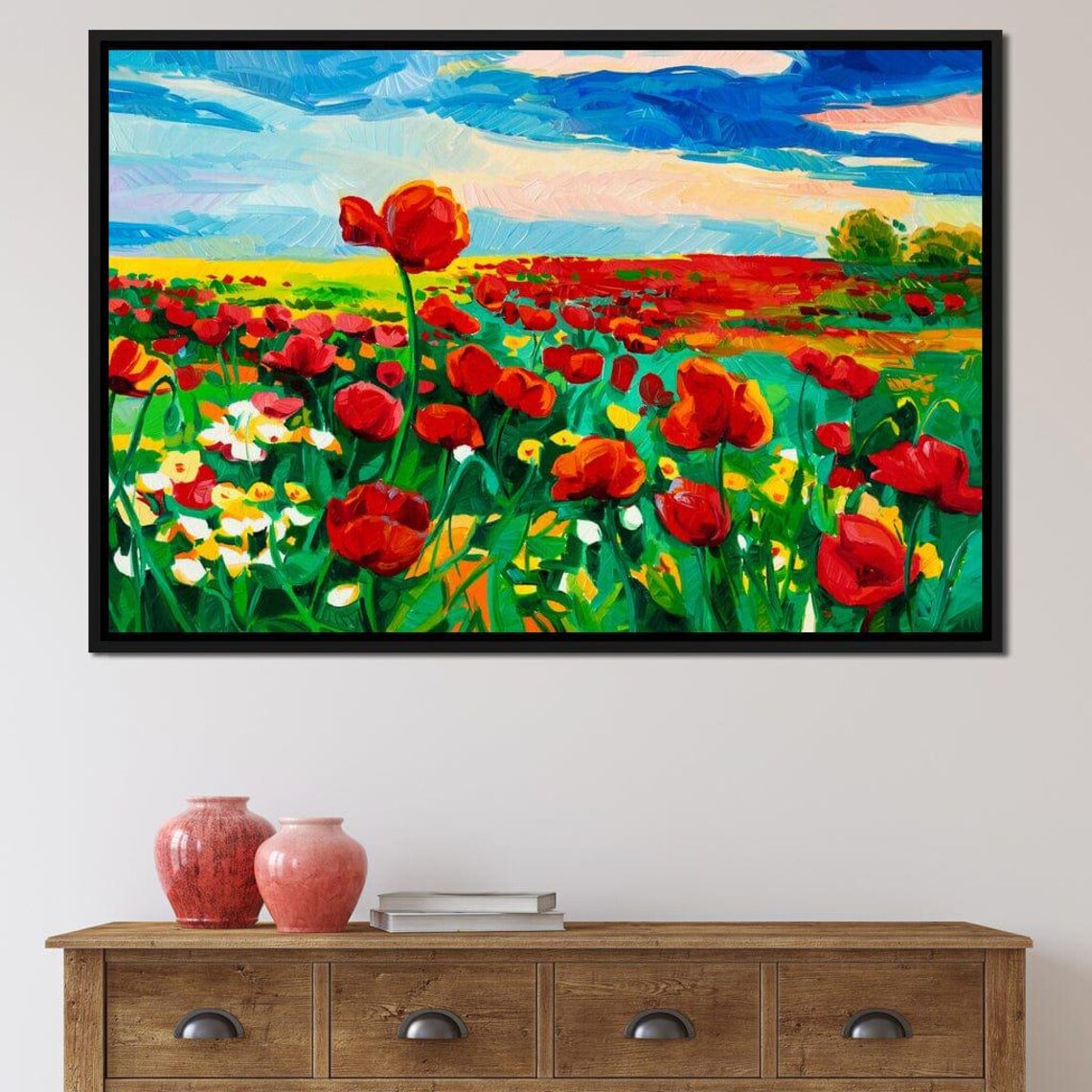 Red Poppy Field Impressionist Meadow Blue Sky Vibrant Art Poster