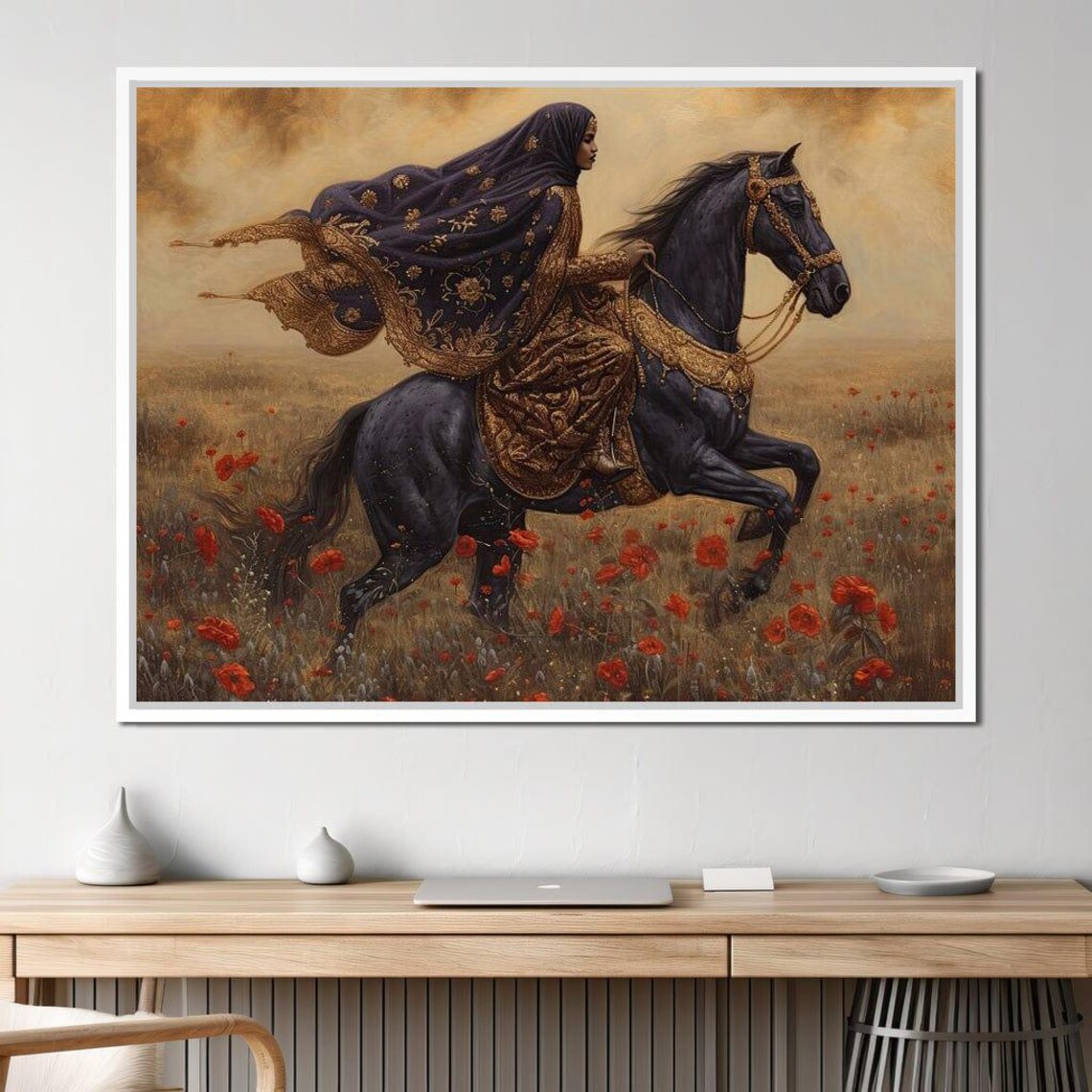 Poppy Field Rider Woman On Black Horse Golden Haze Equestrian Poster - Image 4