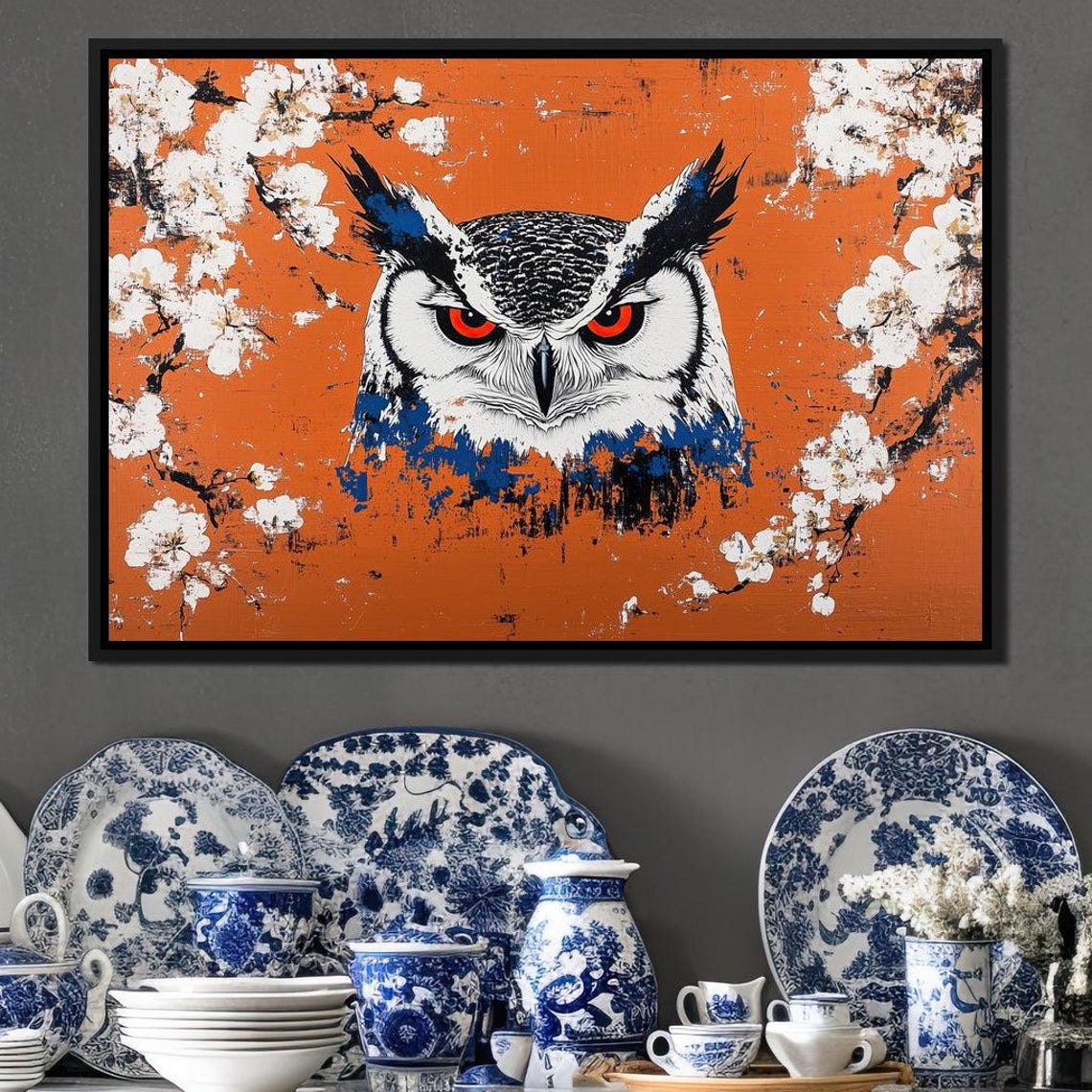 White Owl Red Eyes Cherry Blossom Orange Background Wildlife Wall Art - Image 2
