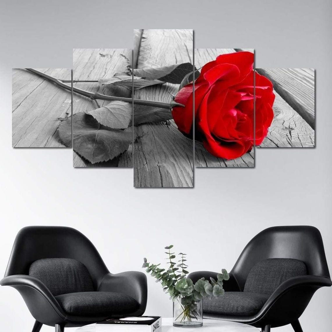 Single Red Rose Black White Rustic Wood Selective Color Art Poster - Image 2