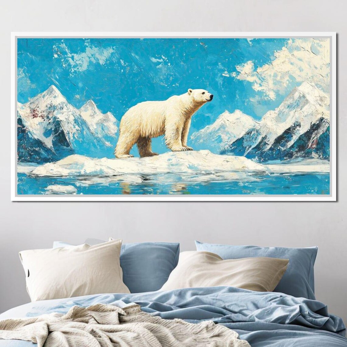 Polar Bear Standing On Arctic Ice Floe Snowy Mountains Turquoise Sea Poster
