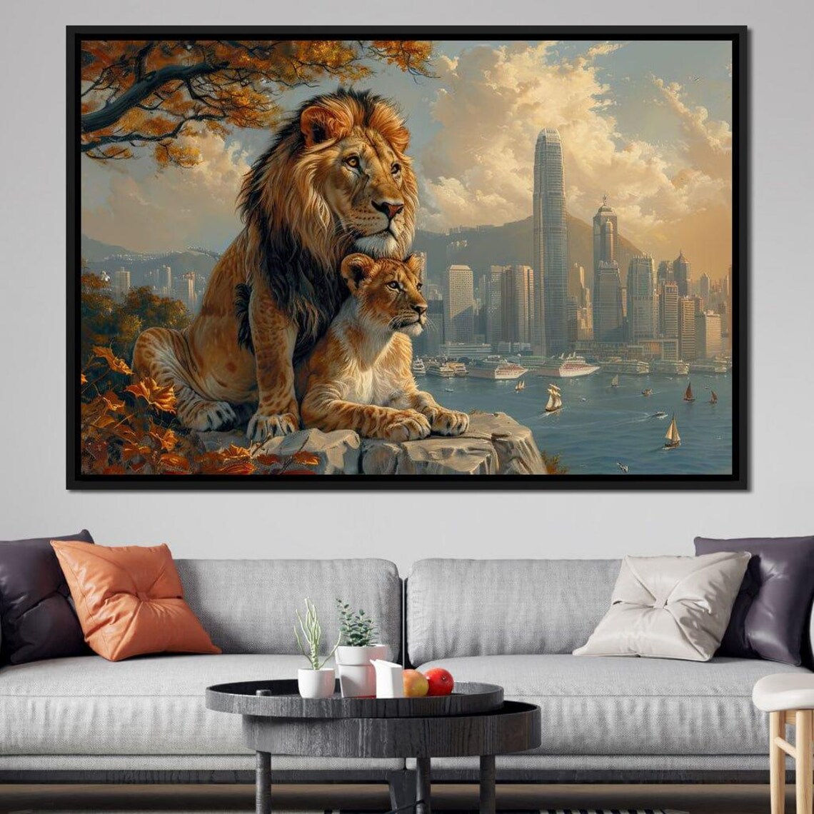 Lion Lioness Overlooking Harbor City Skyline Urban Jungle Poster - Image 2