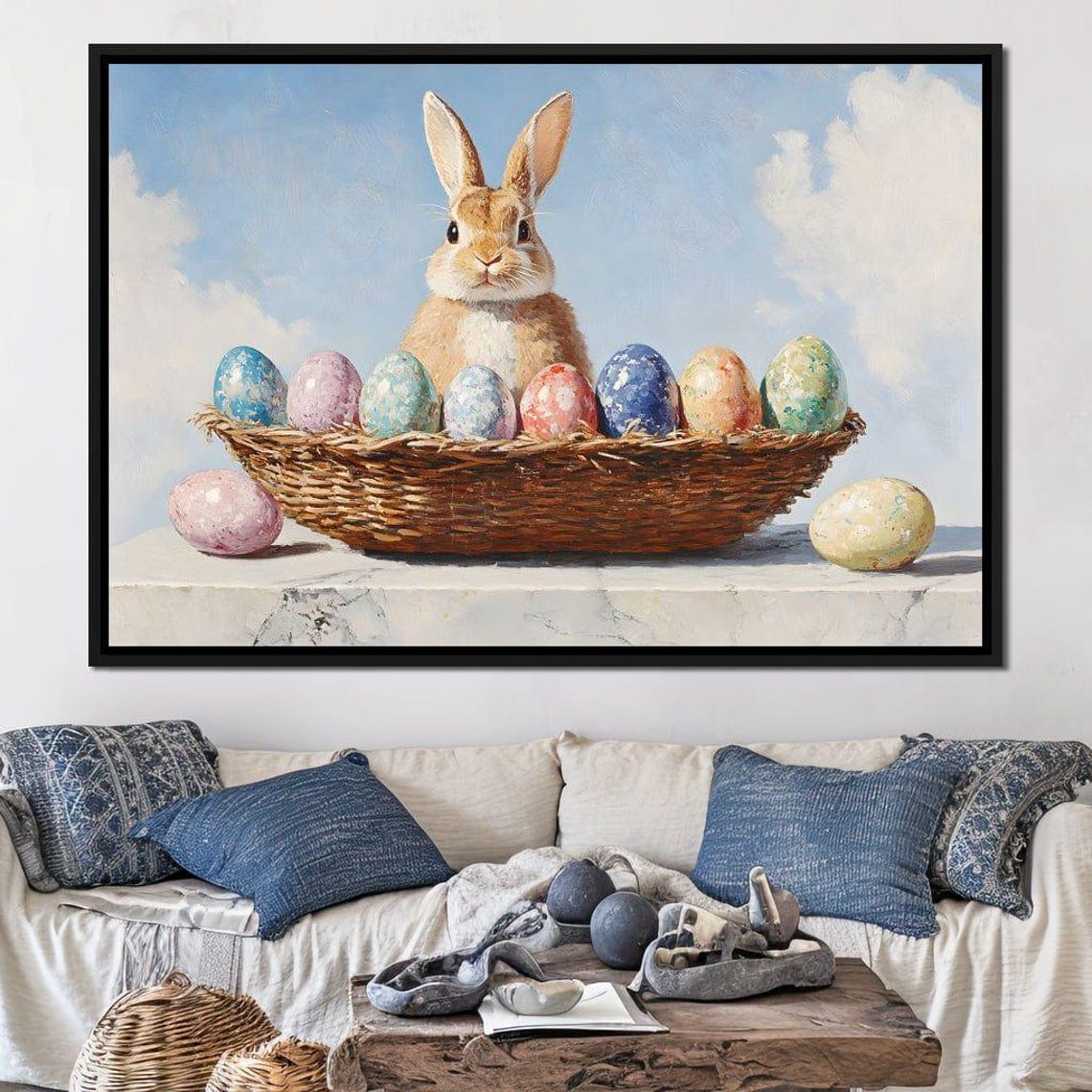 Easter Bunny with a Basket of Hand Painted Colorful Eggs Poster