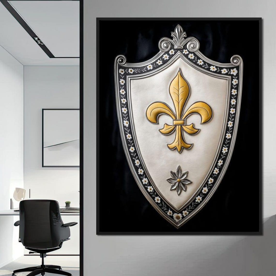 Silver and Gold Fleur De Lys Shield on Black Regal Emblem Poster
