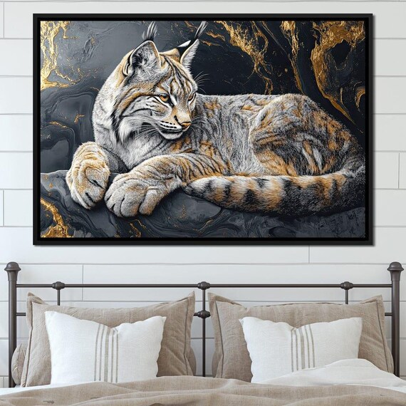 Resting Lynx Gold Marble Wildcat Detailed Elegant Wildlife Art Poster