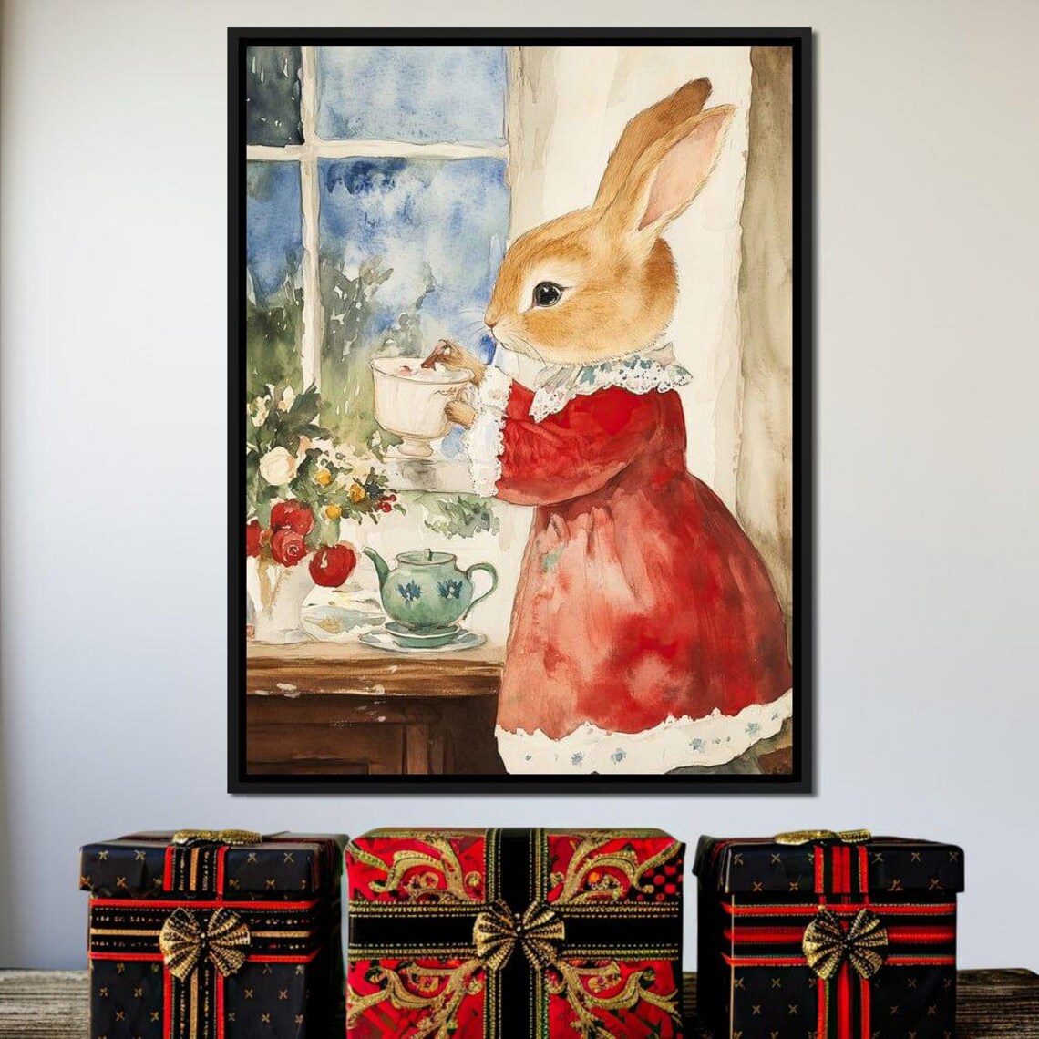 Storybook Rabbit In Red Dress Sipping Tea By Snowy Window Poster - Image 4