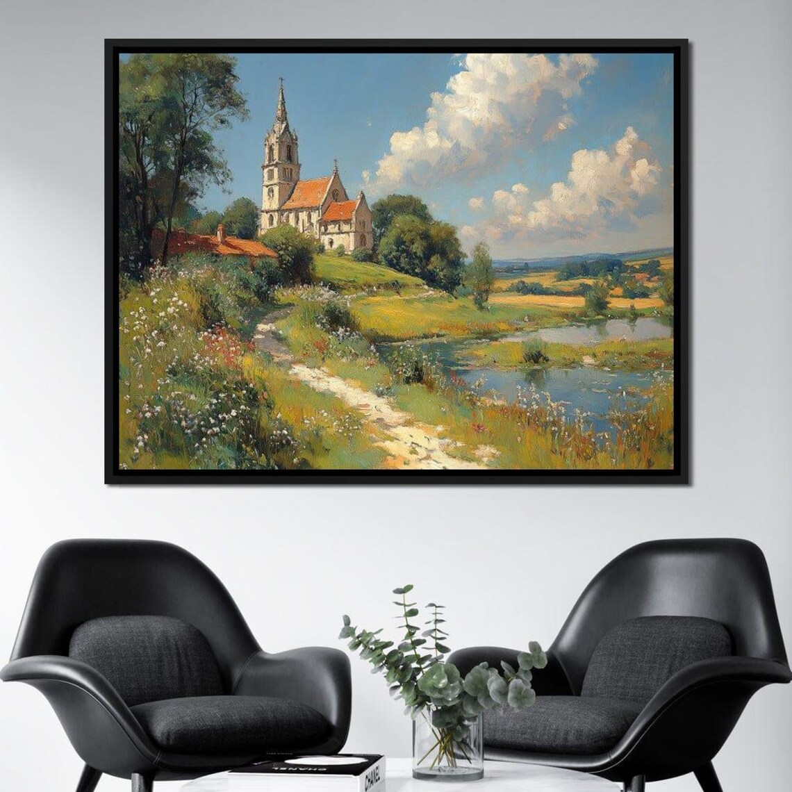 Countryside Stone Church In Summer Meadow Pond Pastoral Art Poster - Image 2