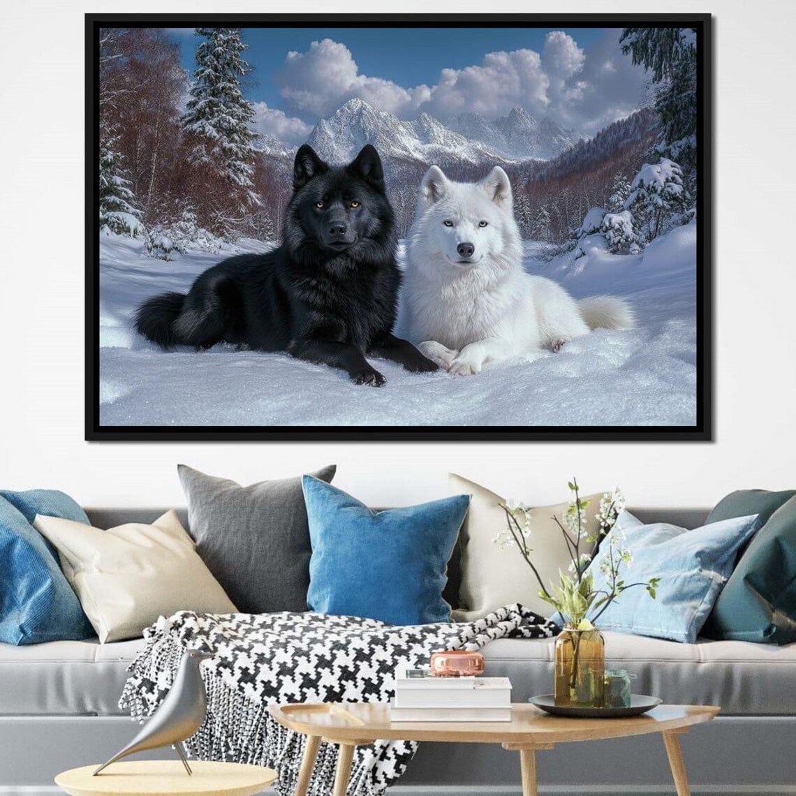 Black And White Huskies Snowy Mountain Winter Scene Wildlife Art Poster - Image 3
