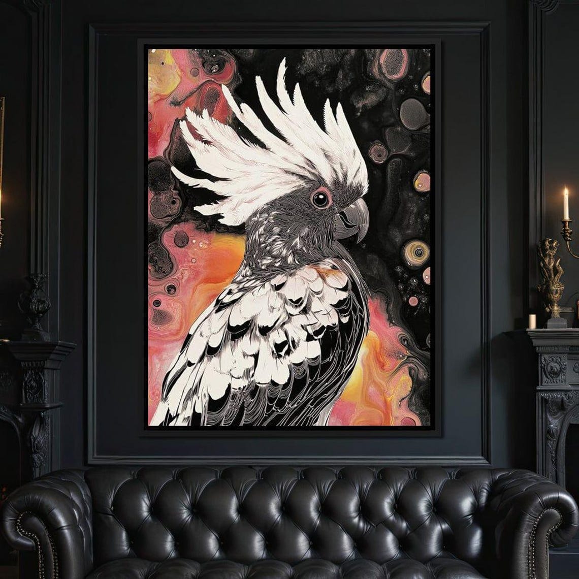Crested Black and White Cockatoo on Fiery Abstract Background Poster