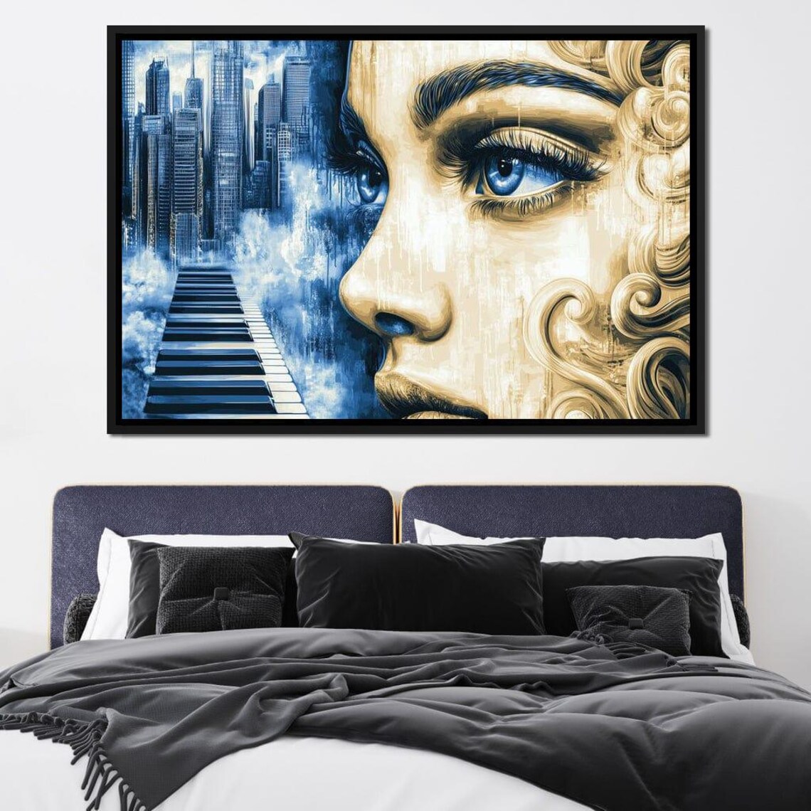 Blue Eyed Golden Haired Woman City Skyline Piano Keys Art Poster - Image 3