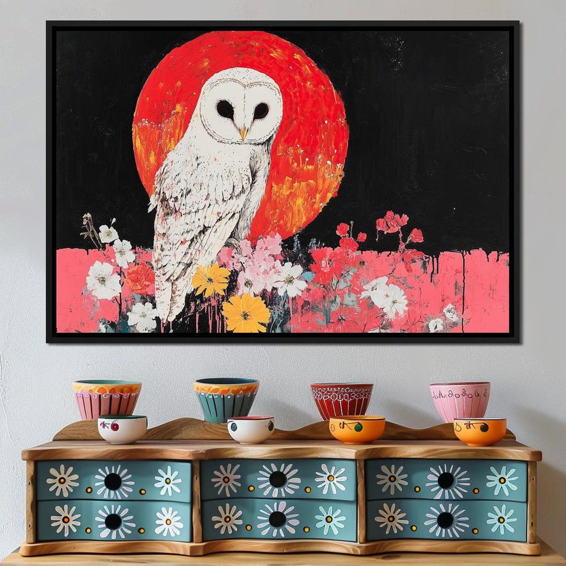 White Barn Owl Red Sun Moon Floral Meadow Night Wildlife Art Print - Image 4