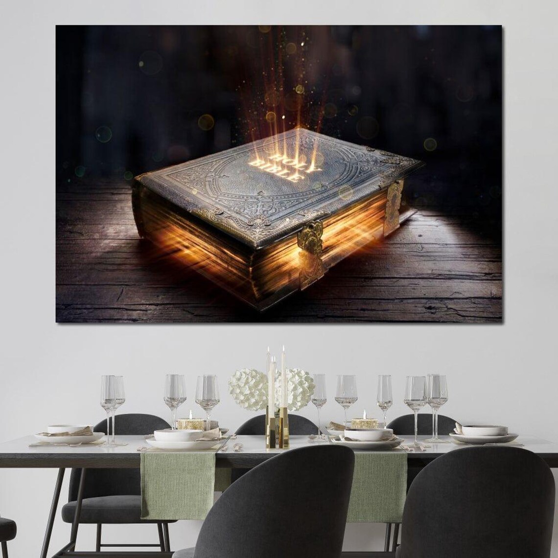 Glowing Holy Bible Golden Light Rays Dark Wooden Table Christian Wall Art Poster - Image 3