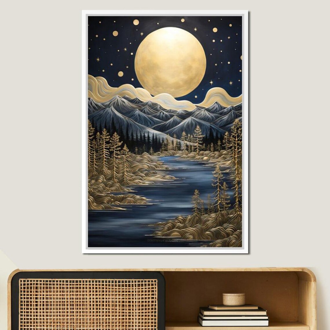 Golden Full Moon Mountain Night Lake Starry Sky Travel Poster - Image 4