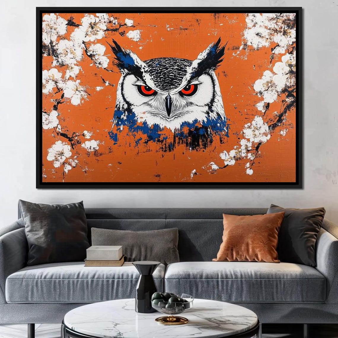 White Owl Red Eyes Cherry Blossom Orange Background Wildlife Wall Art - Image 3