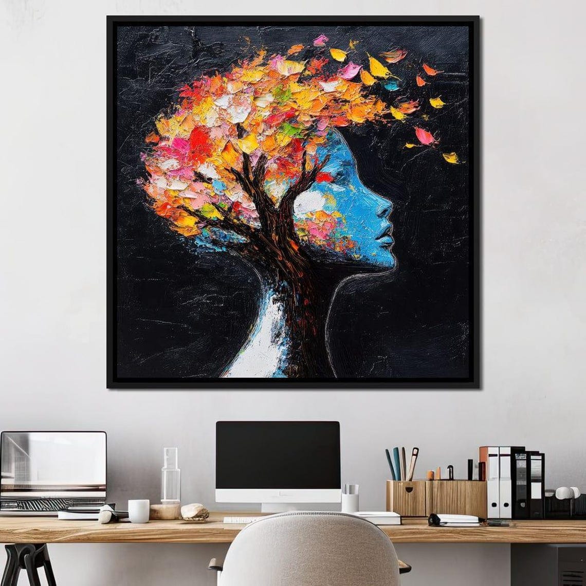 Blue Woman Profile Merging With Colorful Blooming Tree Impasto Poster