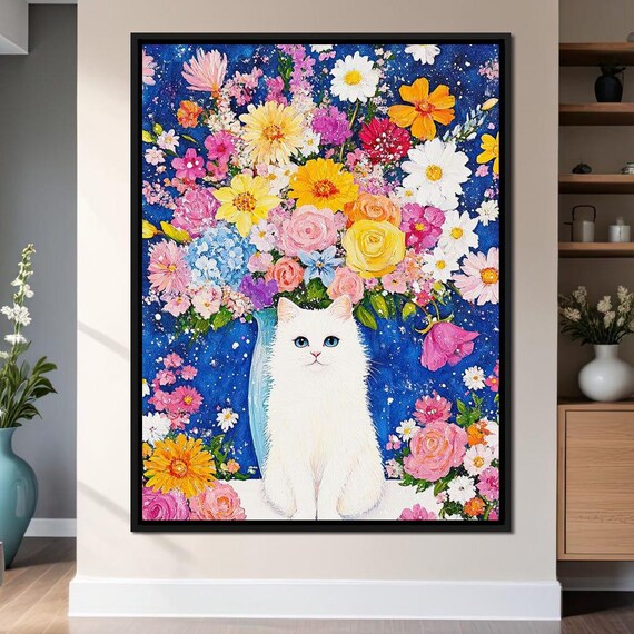White Fluffy Cat Colorful Flower Bouquet Blue Framed Whimsical Wall Art