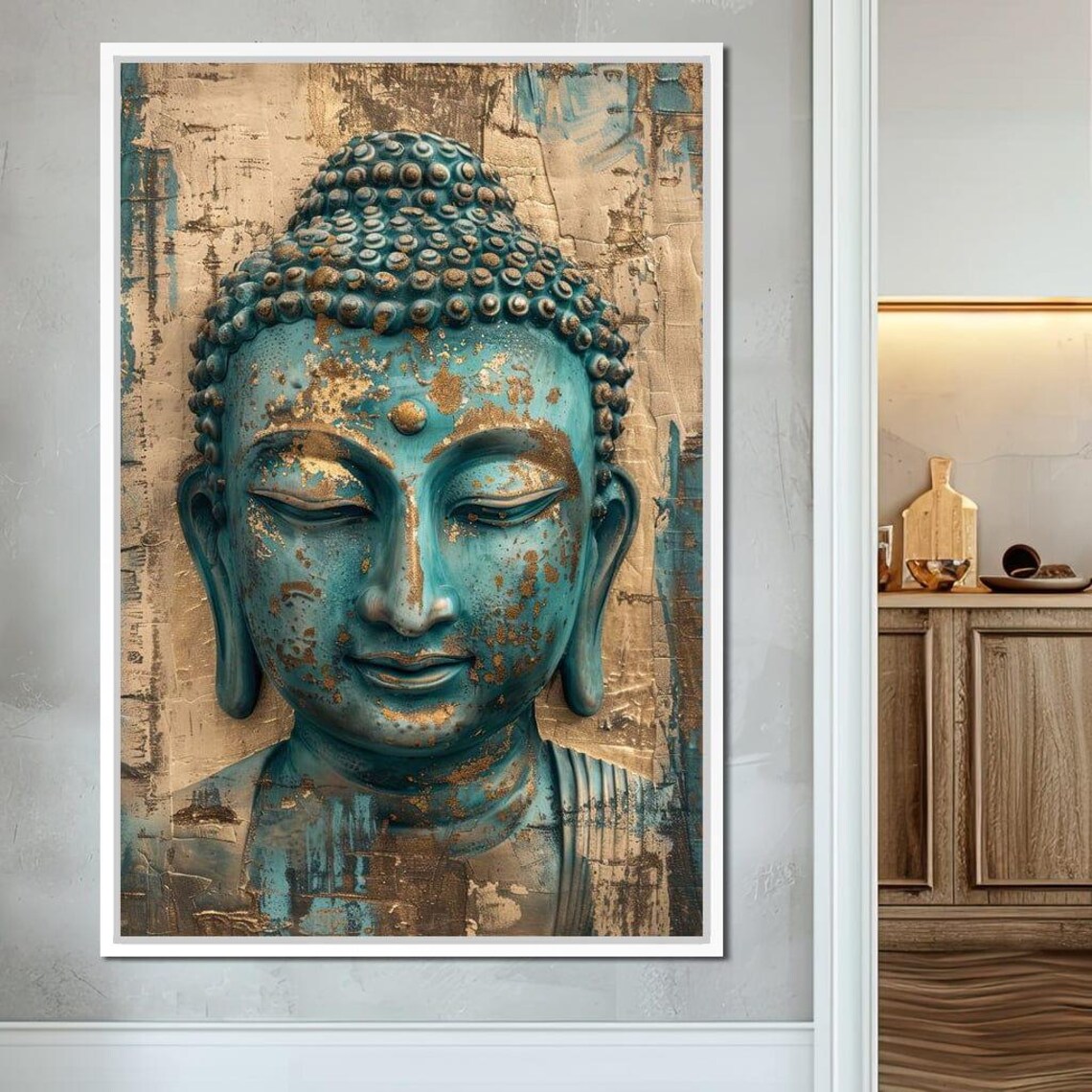 Serene Teal Buddha Face Gold Accents Zen Spiritual Wall Art Poster - Image 2