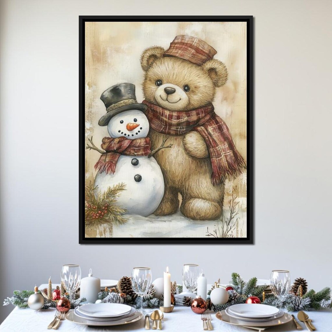 Teddy Bear And Snowman Friends Vintage Christmas Holiday Poster - Image 4