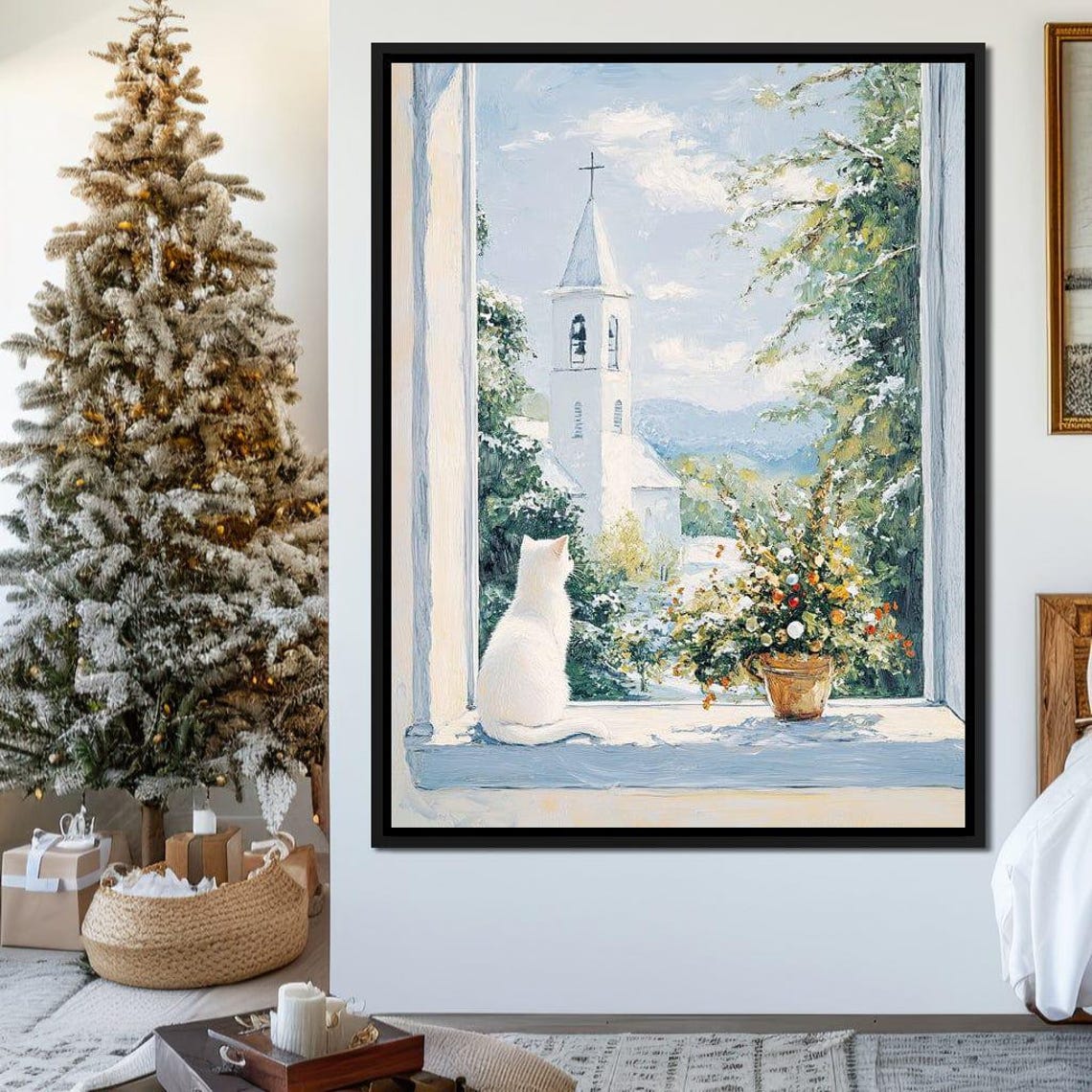 White Cat Watching Snowy Chapel From Cozy Windowsill Christmas Poster