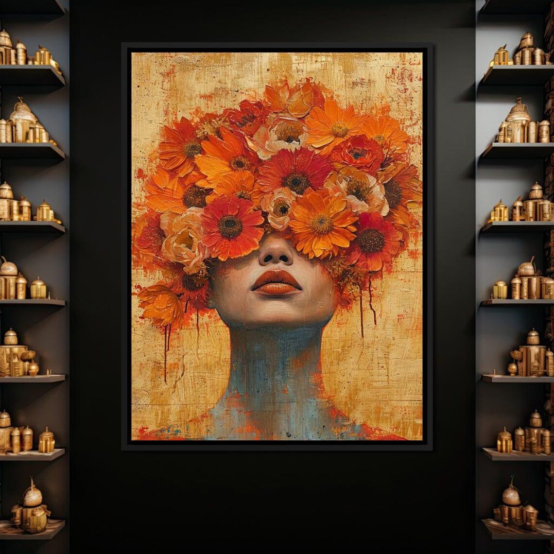 Autumn Daisies Woman Face Vintage Texture Warm Floral Art Print - Image 4