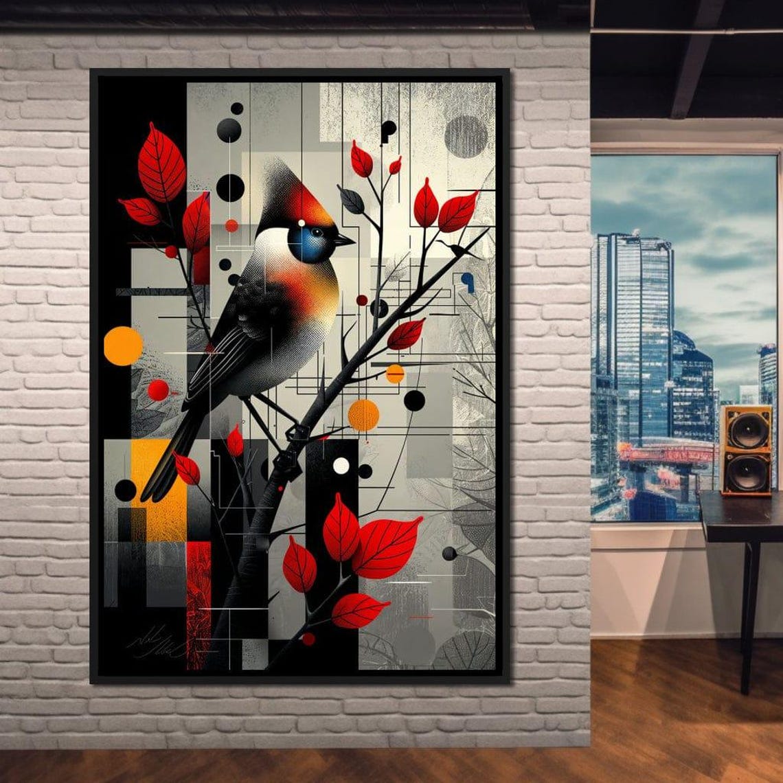 Autumn Songbird Geometric Art Red Leaves Modern Bird Branch Wall Art - Image 4