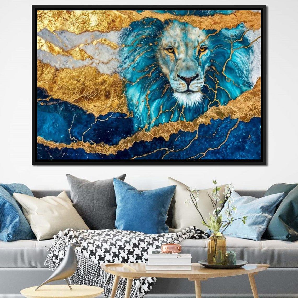 Regal Azure Majestic Lion Blue Gold Painting Majestic Lion Decor Home Office Art Safari Wall Art Luxury Animal Art By Nichecanvas - Image 3