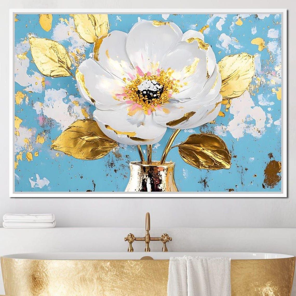 White Flower With Golden Leaves On A Bright Turquoise Poster