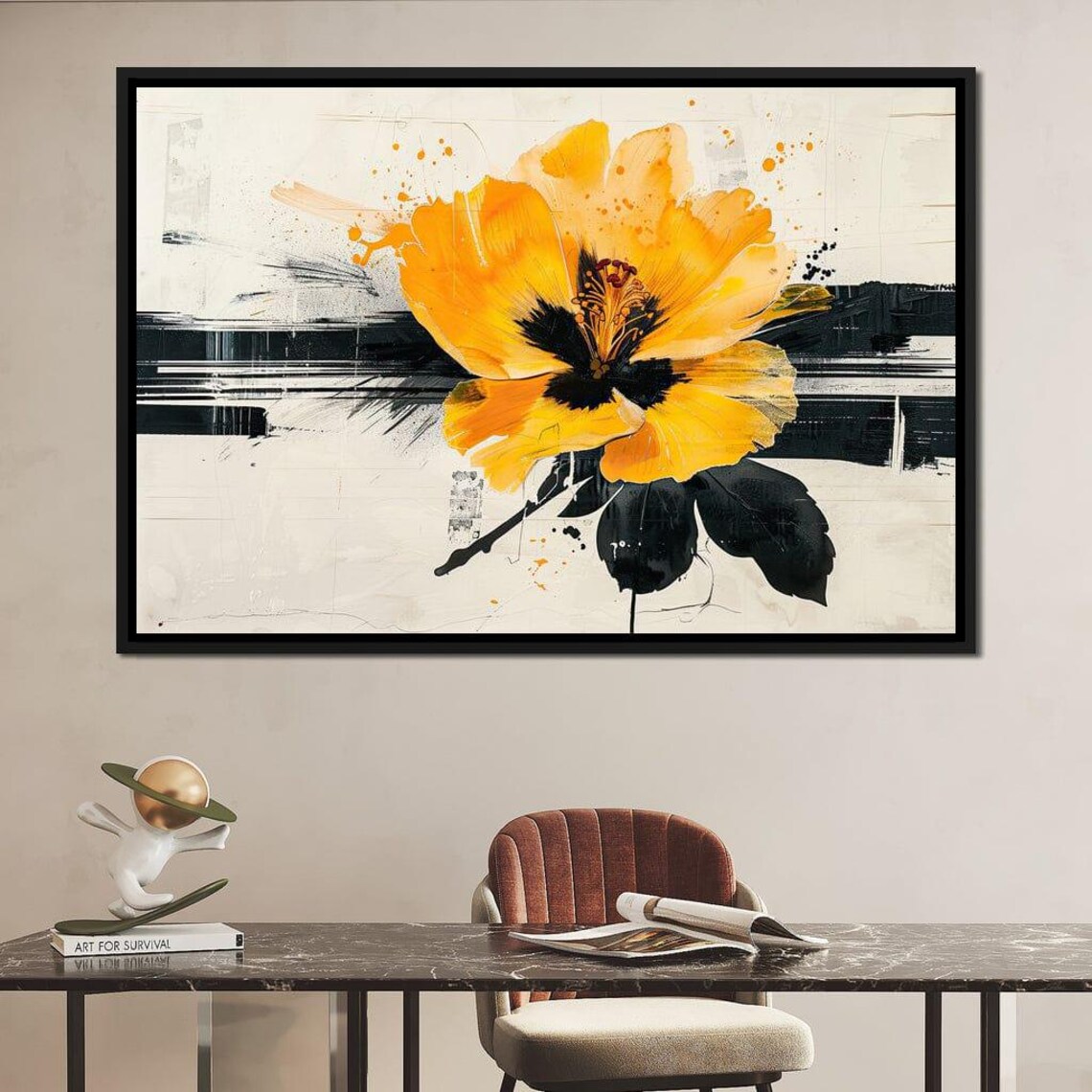 Golden Yellow Flower Black White Brushstroke Abstract Wall Art Print - Image 3