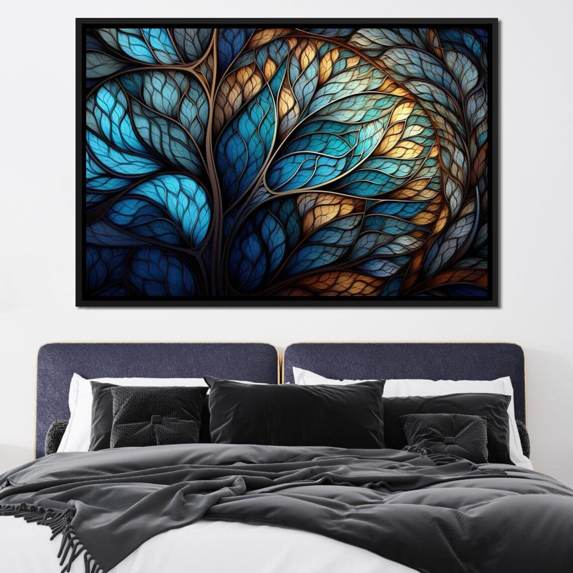 Mosaic Stained Glass Leaves Turquoise Beige Five Panel Wall Art Poster - Image 4