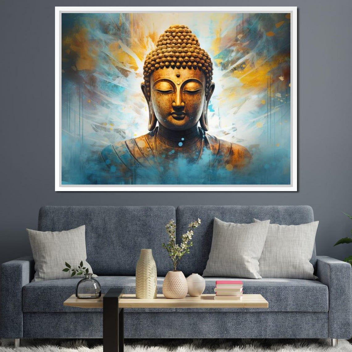 Golden Buddha Head Blue Gold Serene Meditation Spiritual Wall Poster