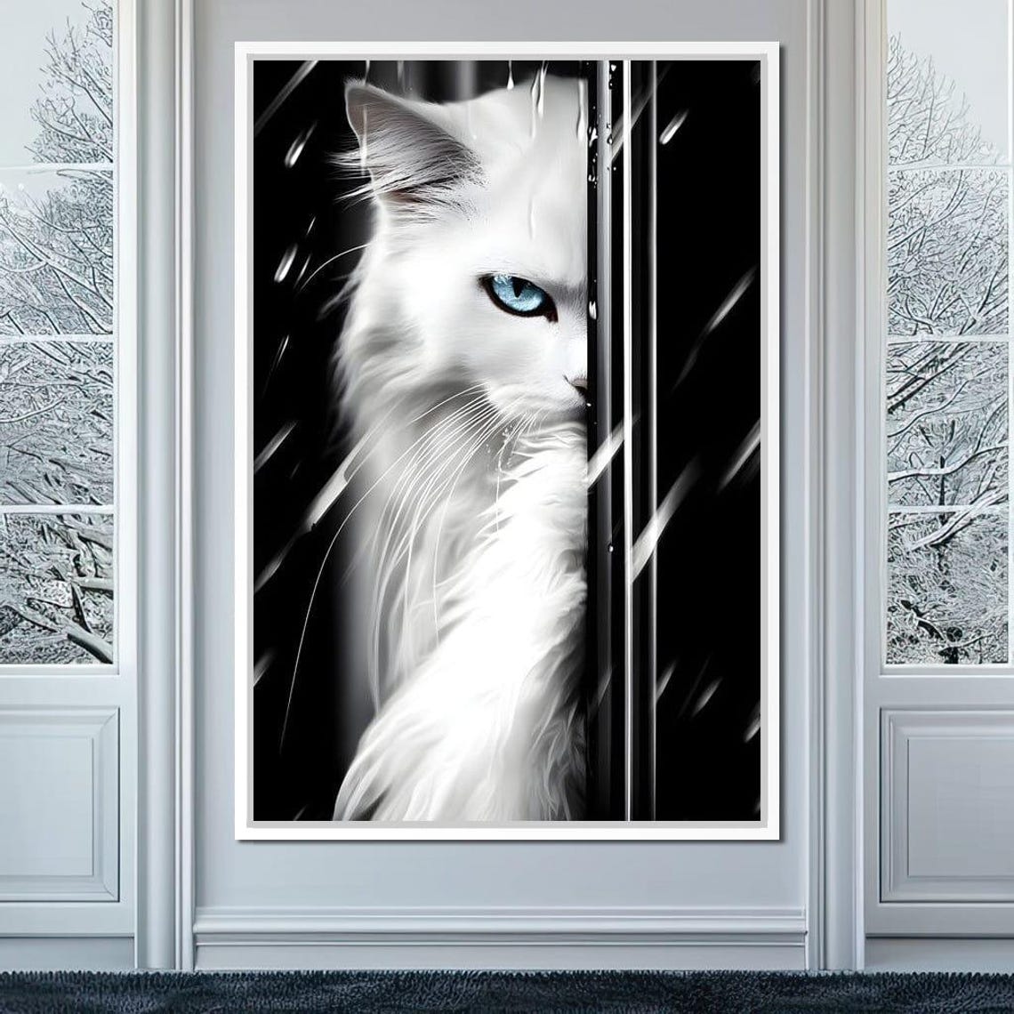 White Cat Blue Eyes Rain Glass Monochrome Framed Dramatic Wall Art - Image 2