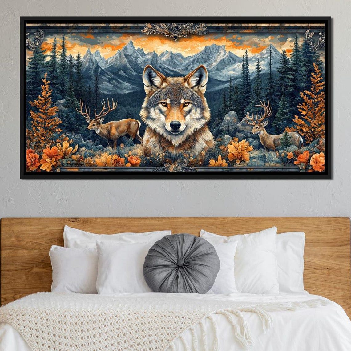 Wolf Face Mountain Sunset Stags Pine Forest Wildlife Landscape Poster - Image 2