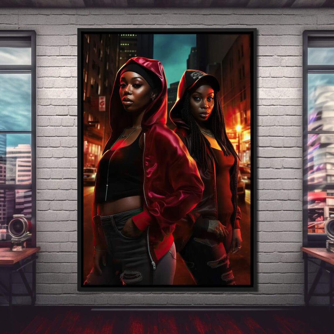 Urban Street Style Women Red Hoodie Night City Portrait Wall Art