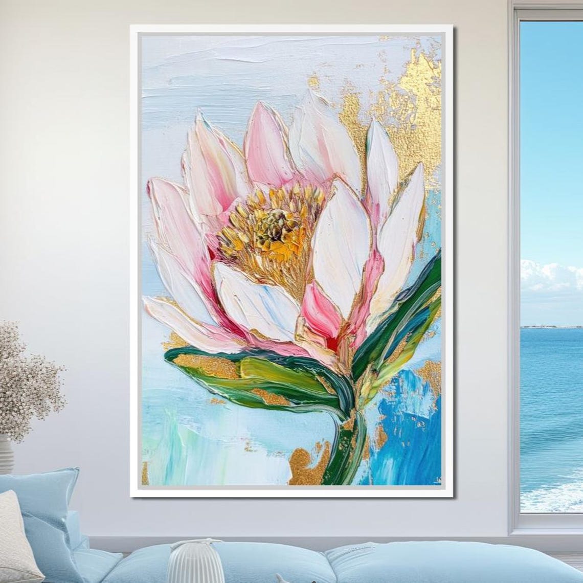 Pink Lotus Flower Gold Leaf Impasto Botanical Elegant Modern Print