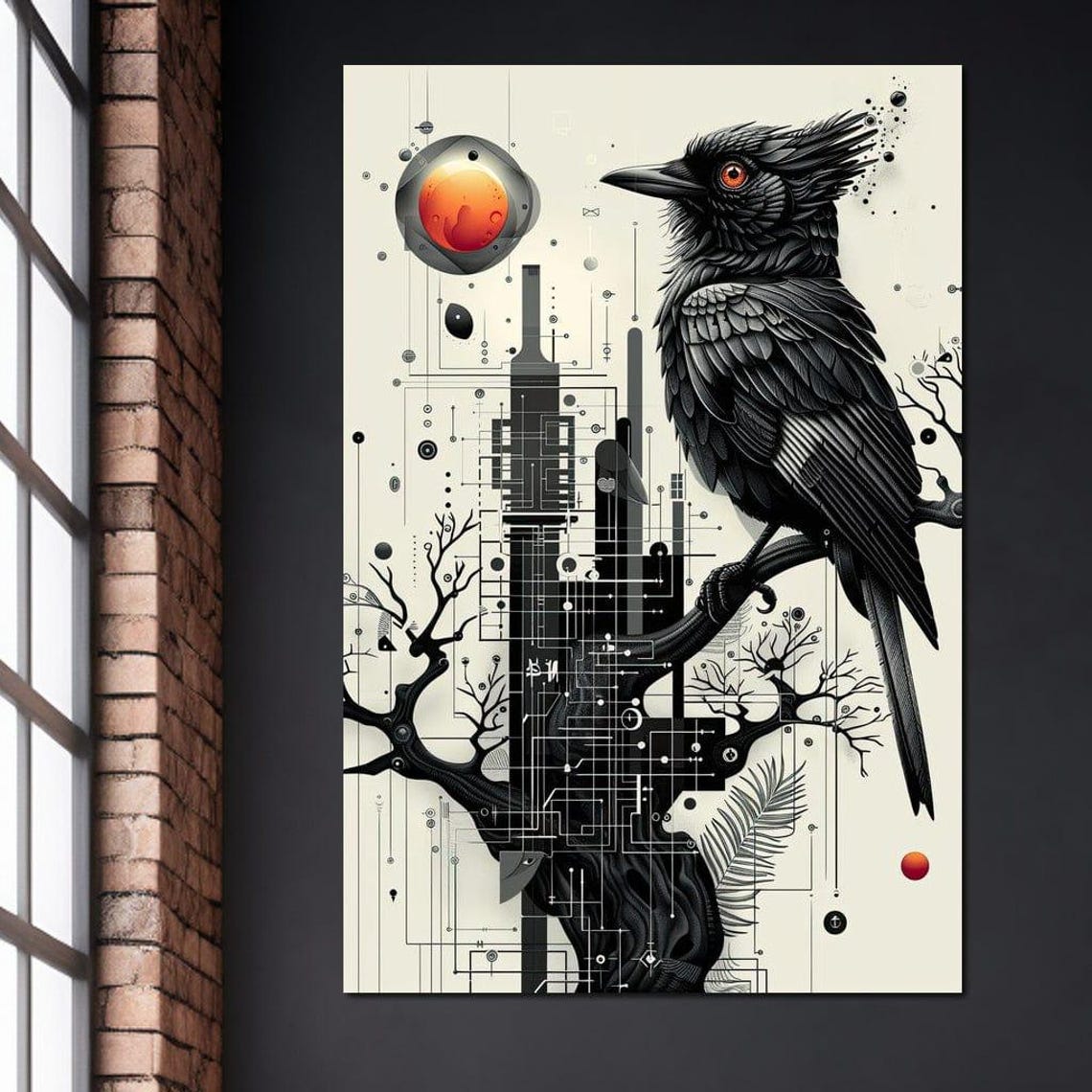 Geometric Black Raven Red Sun Circuit Tree Monochrome Avian Wall Art - Image 3