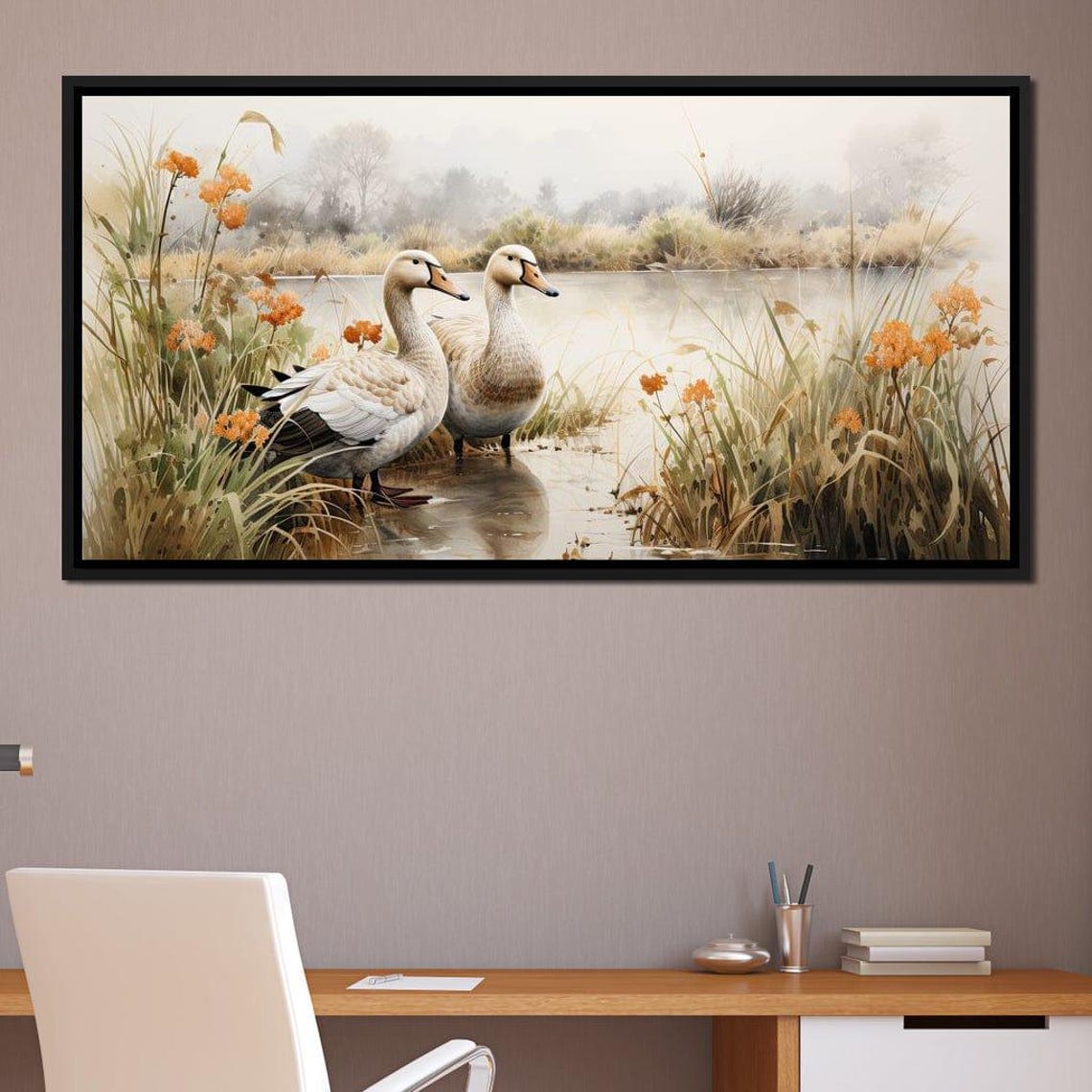 Two Geese Misty Pond Watercolor Tranquil Nature Wildlife Poster - Image 3