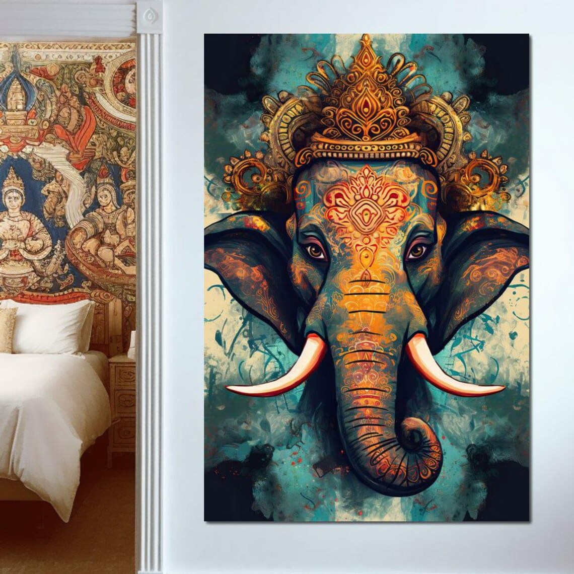 Gilded Ganesha Elephant Deity Ornate Crown Spiritual Wall Art - Image 3