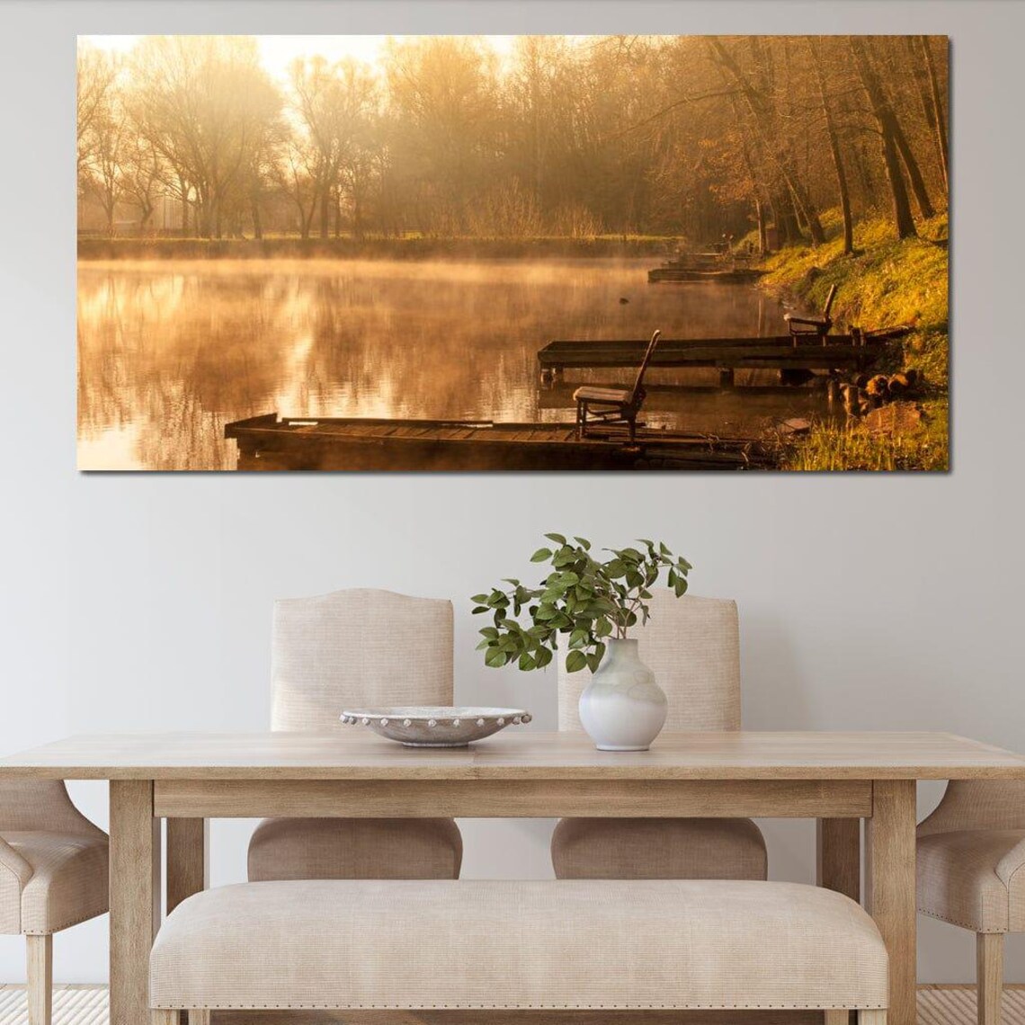 Misty Lake Sunrise Golden Morning Dock Autumn Trees Landscape Poster - Image 3