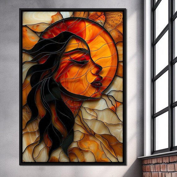 Sunlit Muse Stained Glass Woman Silhouette With Blazing Sun Art Poster
