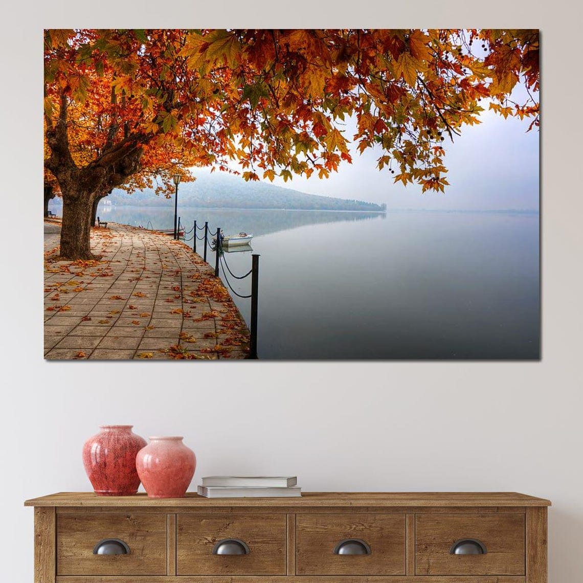 Autumn Lakeshore Promenade Red Plane Trees Misty Lake Travel Poster - Image 3