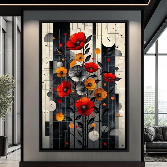 Abstract Geometric Floral Fusion Print Modern Flower Art Vibrant Home Decor Contemporary Botanical Design By Nichecanvas