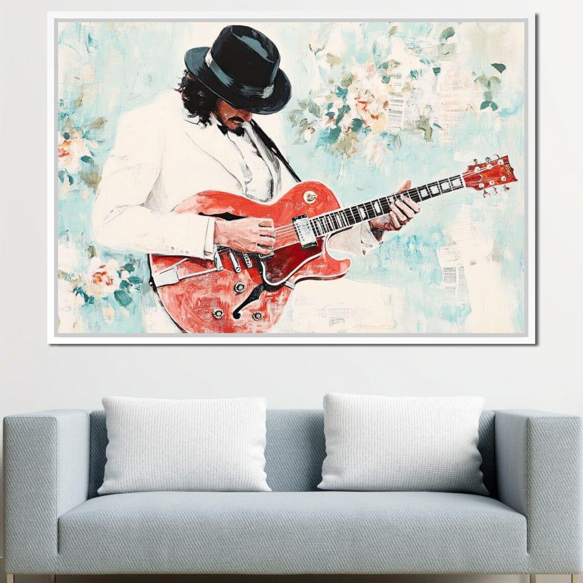 Guitarist In White Suit Playing Red Guitar Floral Art Poster