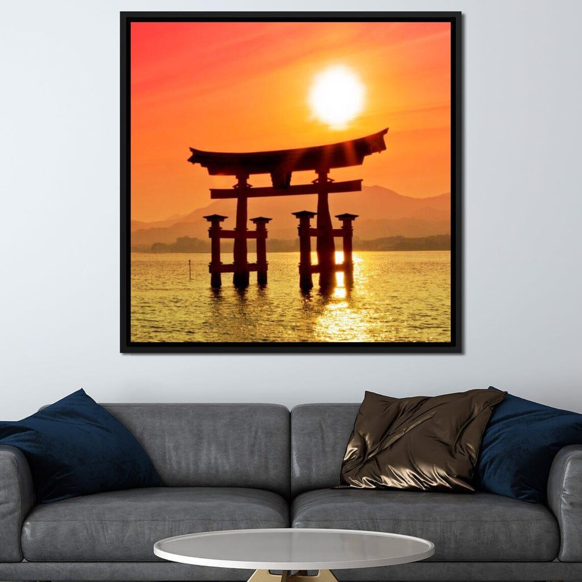 Japanese Torii Gate Silhouette Fiery Sunset Over Water Travel Poster