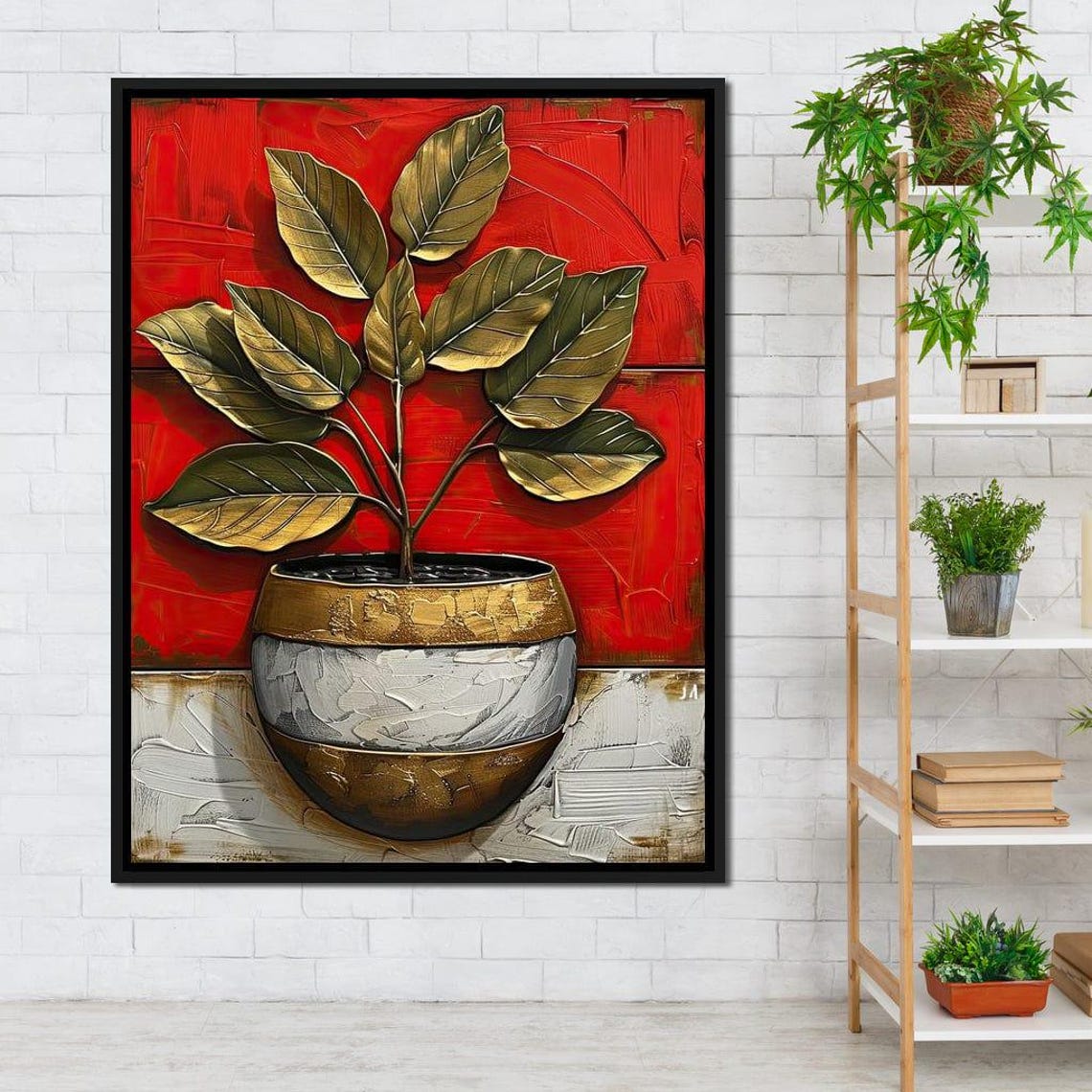 Golden Leaves Red Background Botanical Art Print Modern Plant Decor
