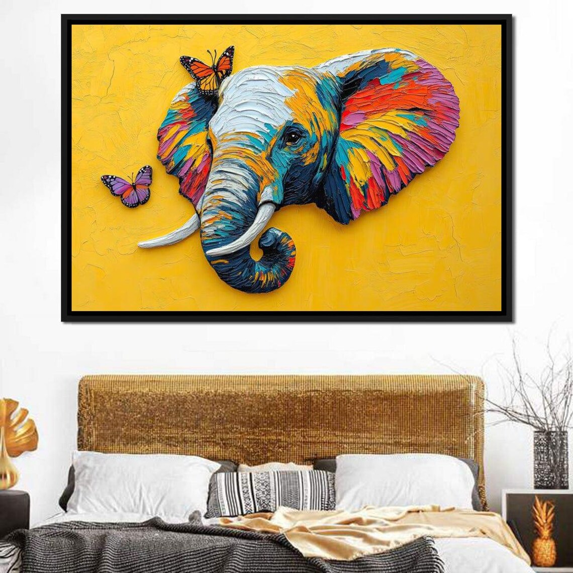 Colorful Elephant Butterflies Yellow Impasto Joyful Playful Art Poster - Image 3