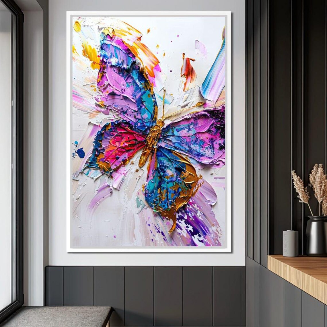 Kaleidoscopic Butterfly Purple Blue Pink Gold Impasto White Wall Art - Image 2