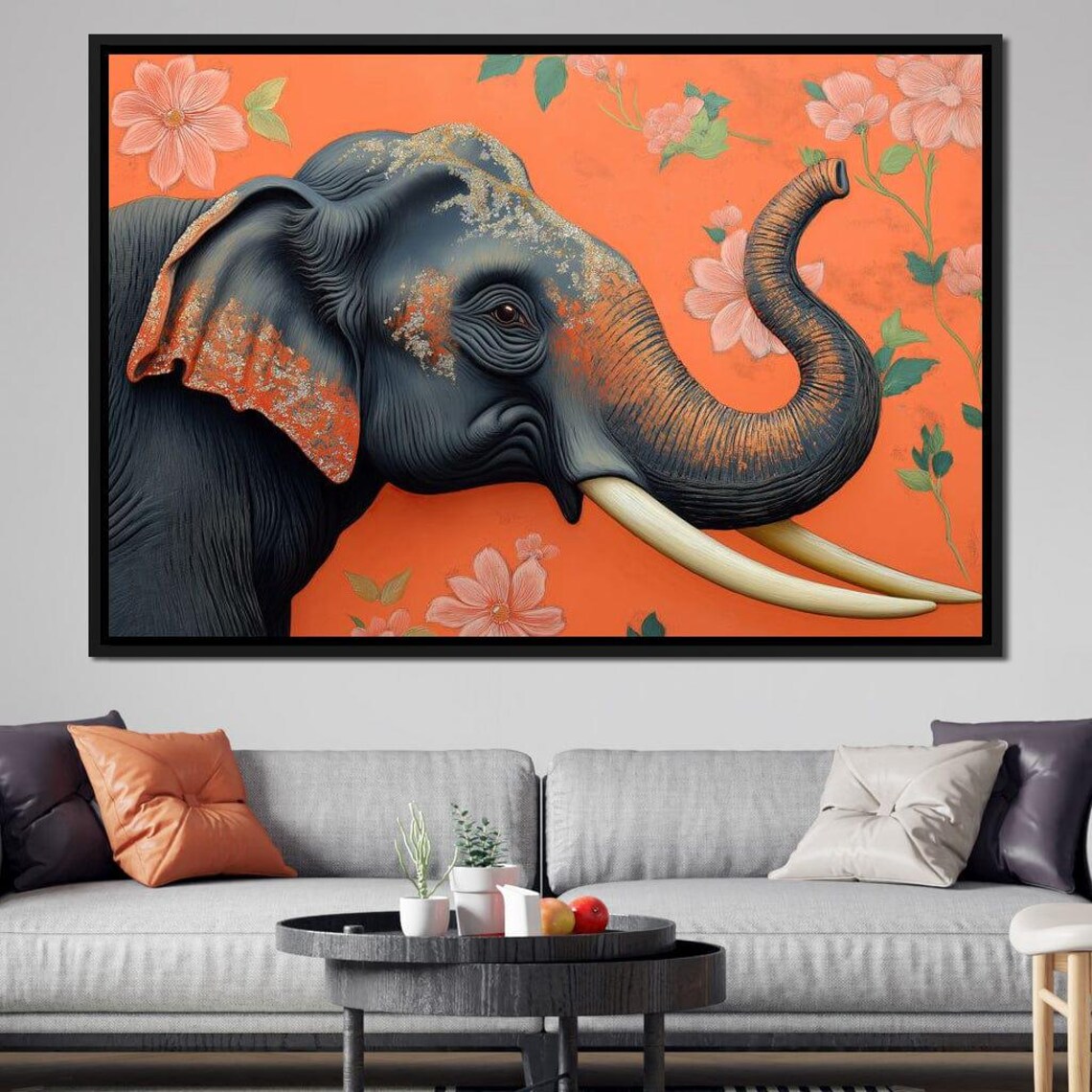 Black Elephant Orange Floral Background Gold Accents Bold Animal Poster - Image 3