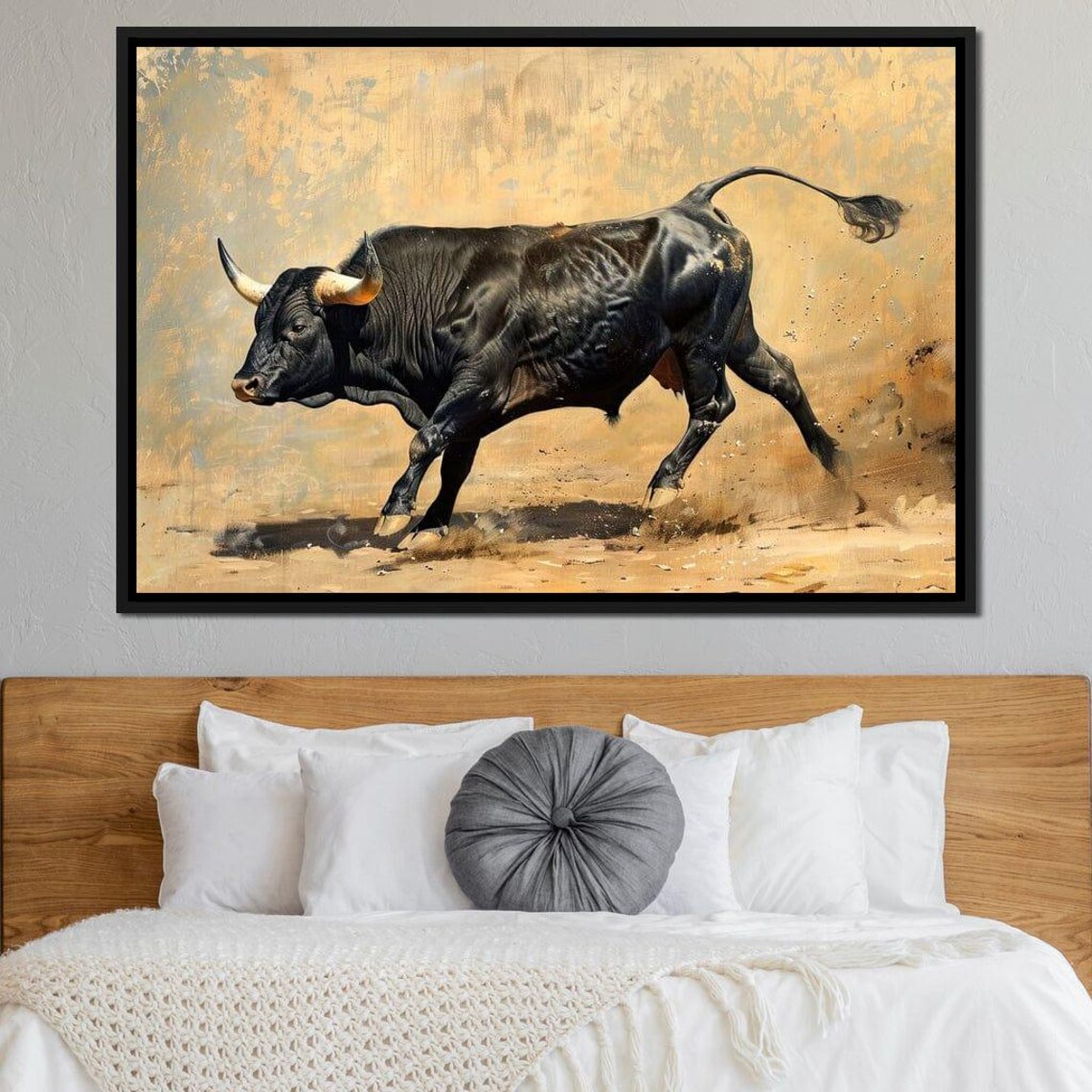 Charging Black Bull Powerful Beast Golden Dust Animal Art Poster - Image 3