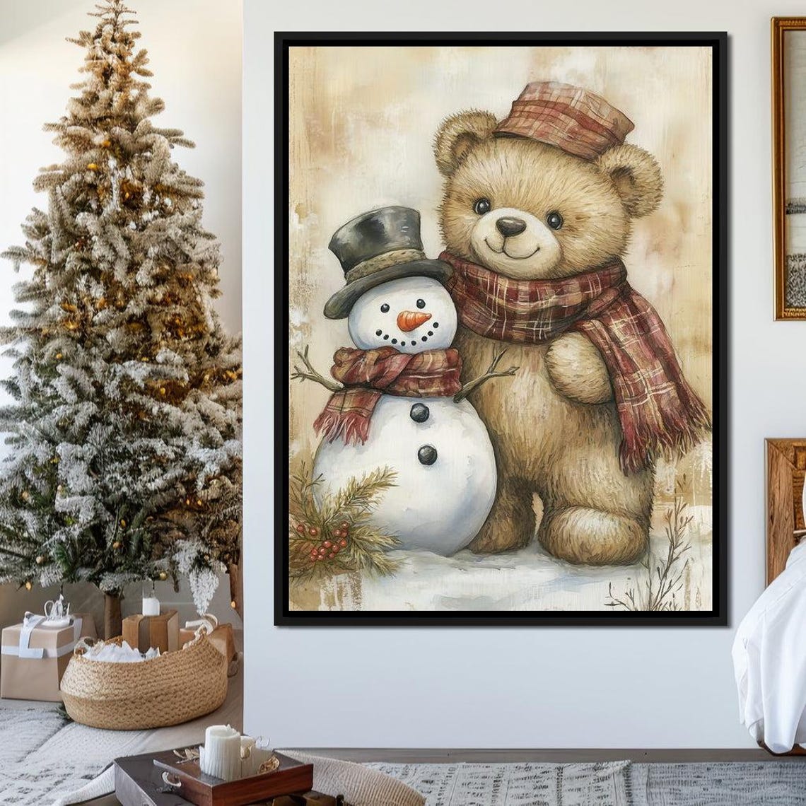 Teddy Bear And Snowman Friends Vintage Christmas Holiday Poster - Image 3